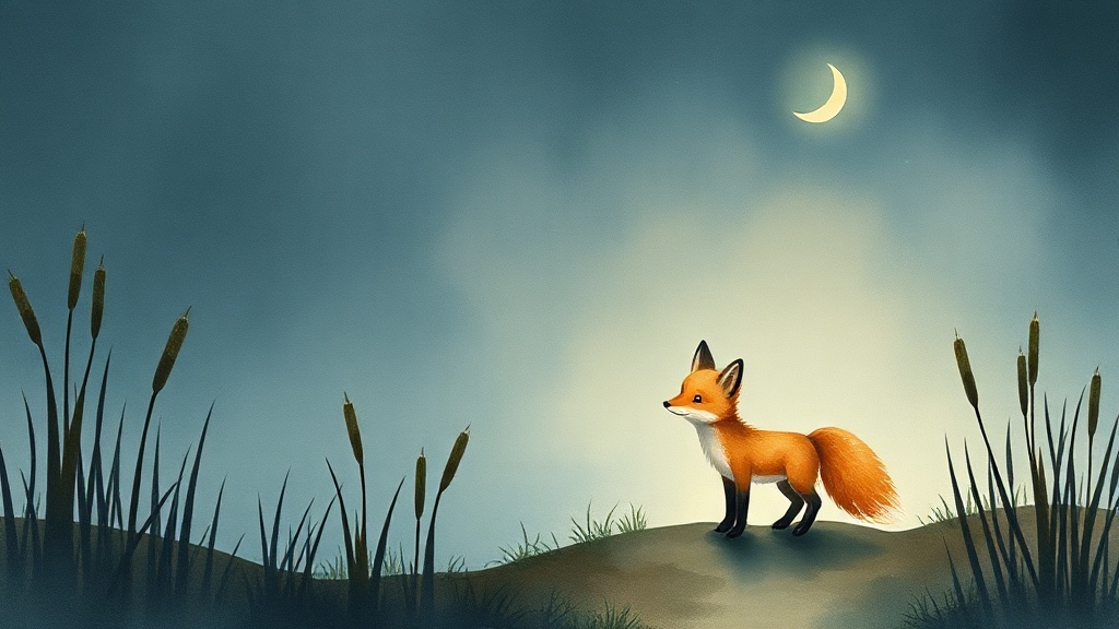 Luna the fox looking out over moonlit reeds