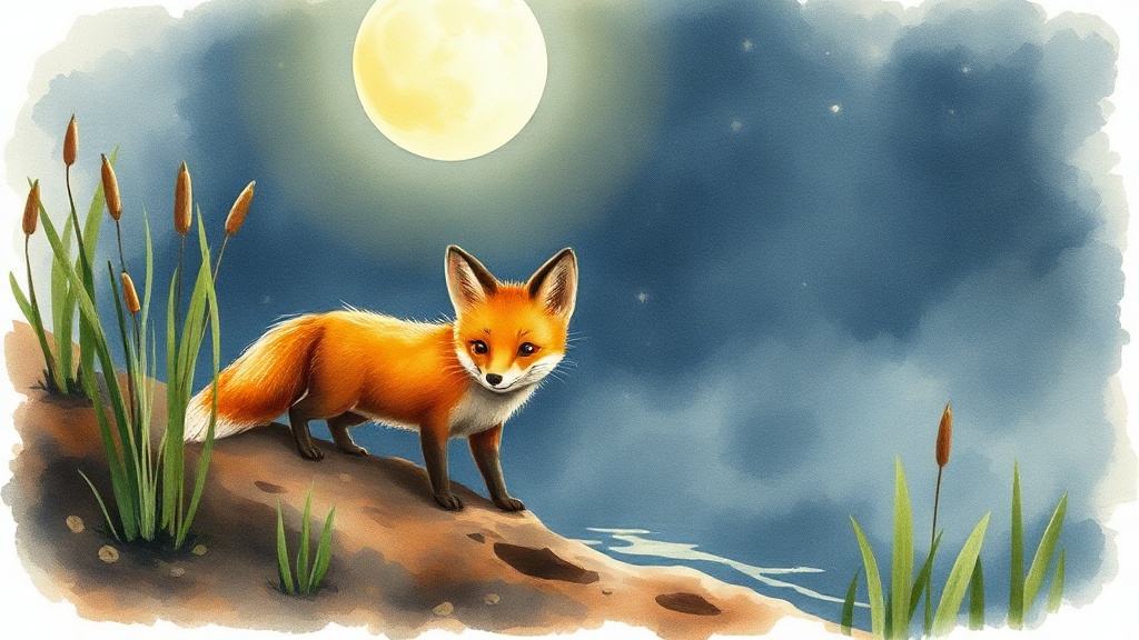 Luna the fox at the edge of the moonlit water