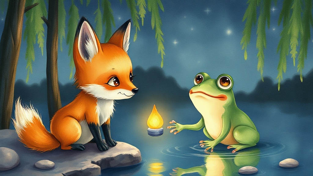 Luna the fox meeting Pip the frog and his tiny lamp